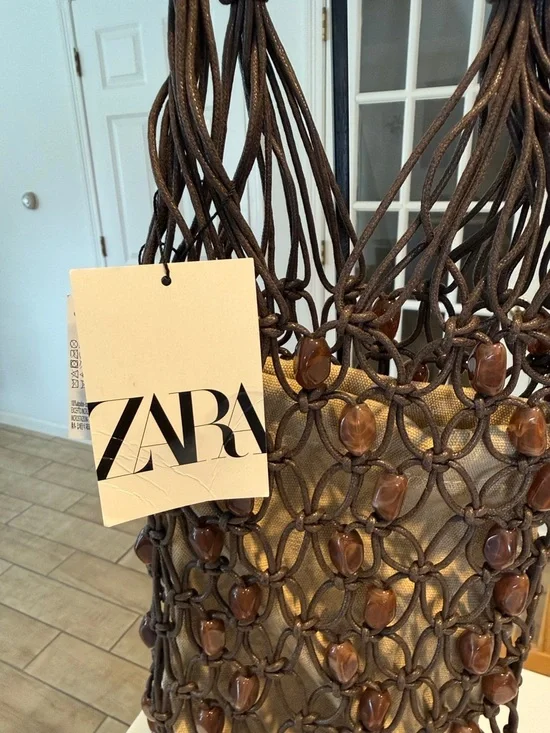 ZARA Dark Brown Macramé Fringe Shoulder Bag - Picture 2 of 7